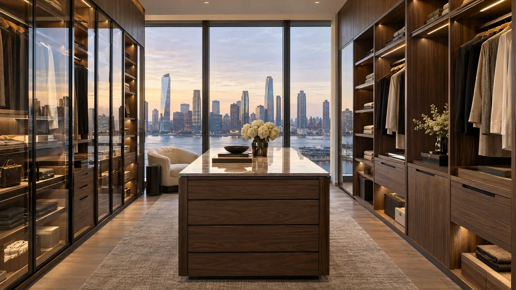 Luxury walk-in closet in a Jersey City high-rise with custom walnut and glass wardrobes, lit shelving and a center island