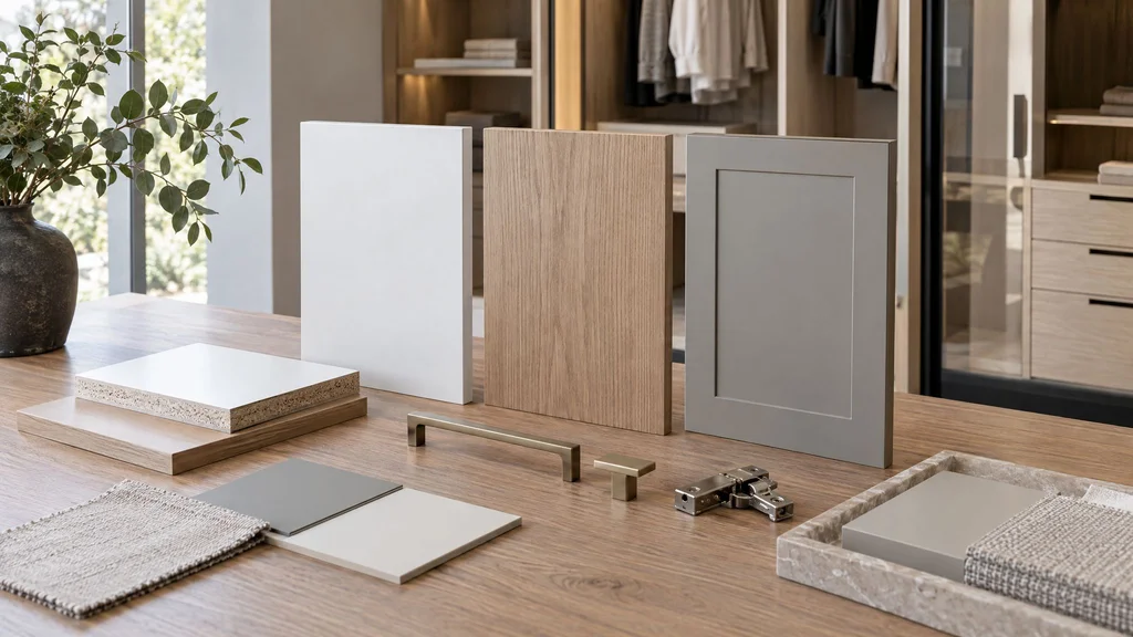 Closet material samples on a table: white melamine, oak veneer and painted MDF panels with hardware