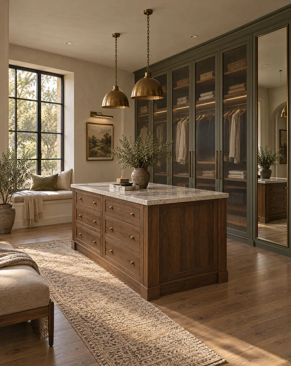 Glass-front wardrobe doors and a full-height mirror in a dressing room