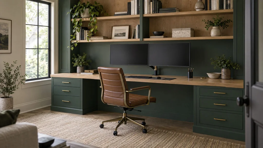 Built-in home office in deep green painted cabinetry with a white oak desk top, open shelving above, and a brass grommet, New Jersey house