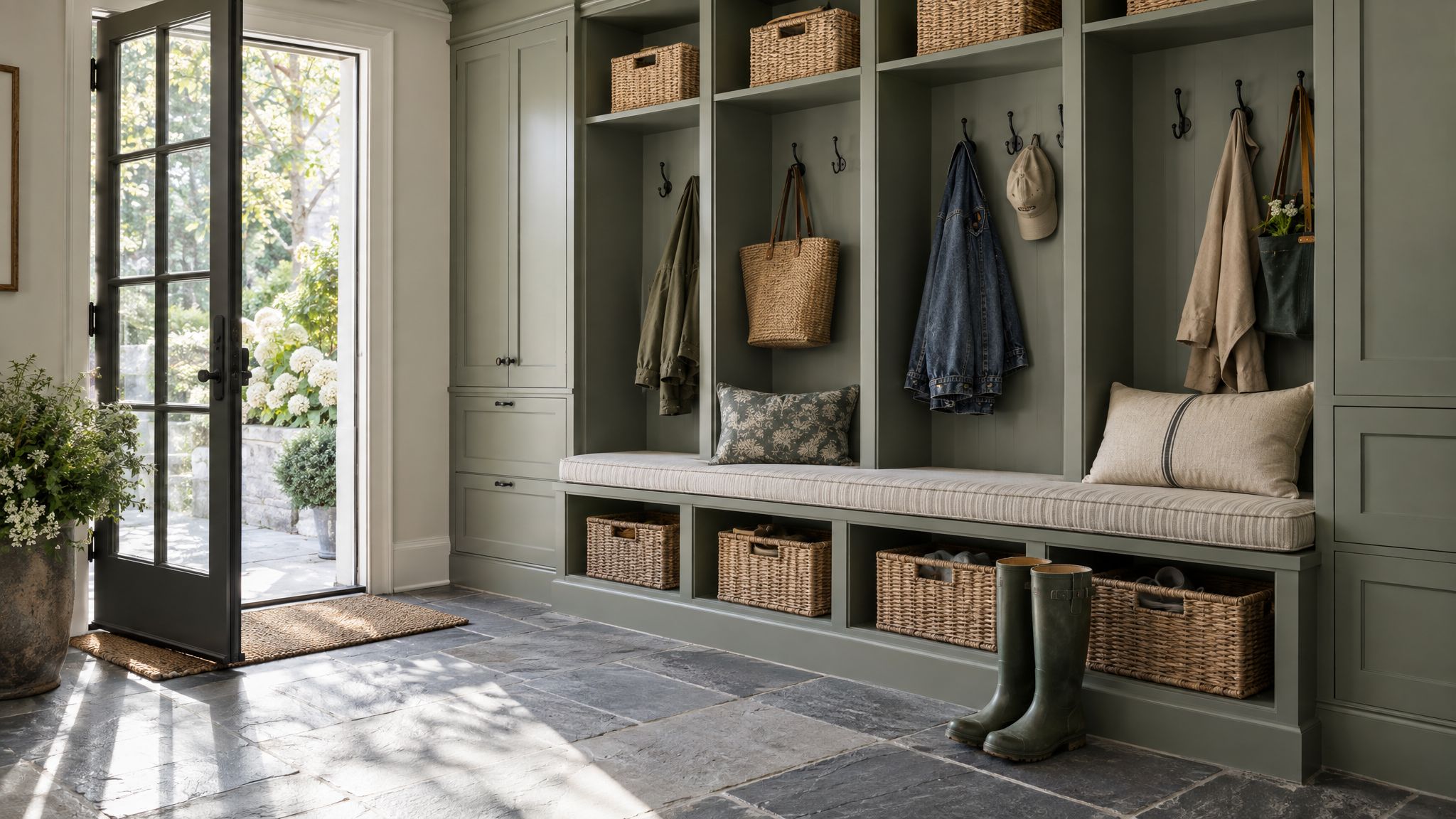 Custom mudroom with painted built-in lockers, cubbies, a cushioned bench, hooks, baskets, and a slate floor