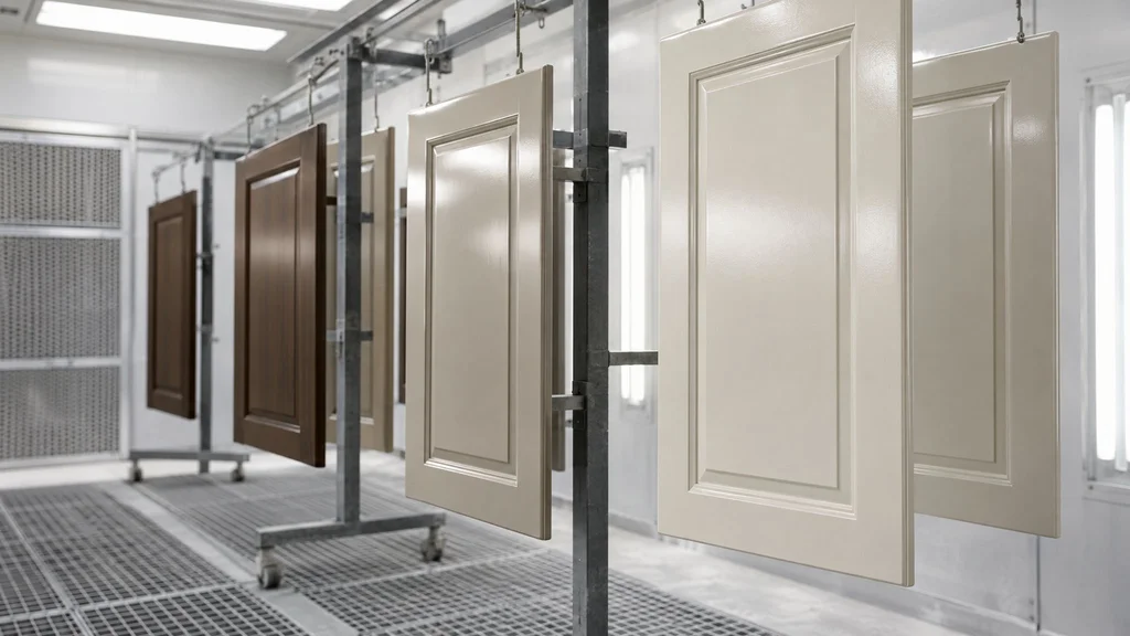 Freshly lacquered cabinet doors on drying racks inside a clean professional spray booth