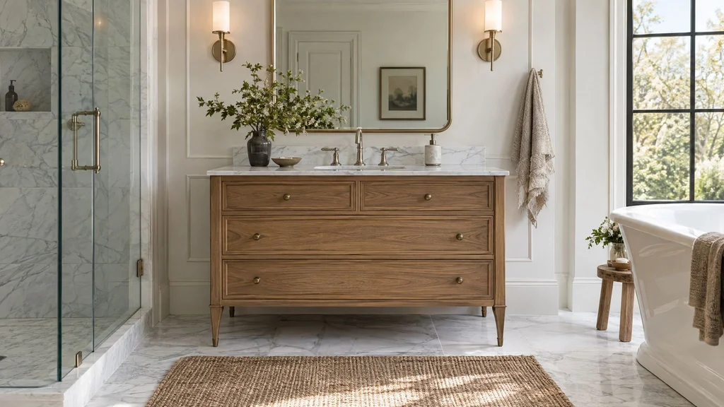 A furniture-style floor-standing vanity on tapered legs in a bright bathroom