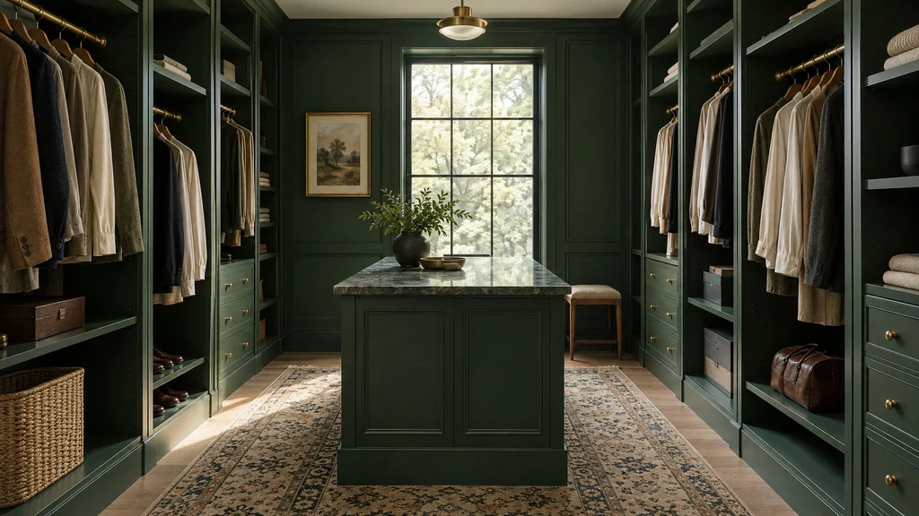 A walk-in closet painted deep forest green with brass hanging rods and a patterned rug