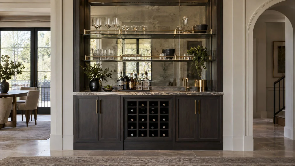 A built-in home bar cabinet with a mirrored back, glass shelves, a brass rail and wine storage