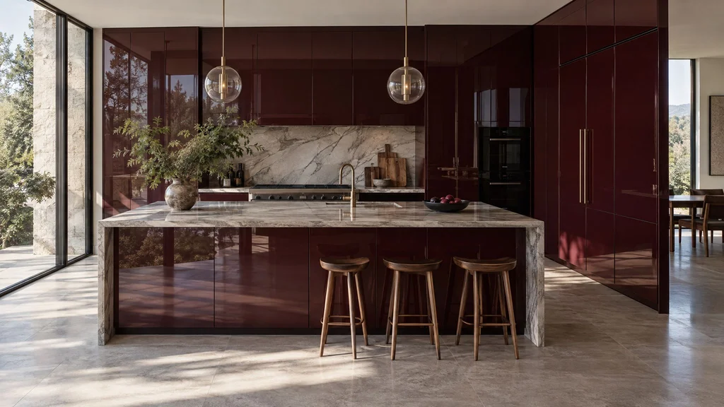 High-gloss deep burgundy lacquer cabinets reflecting the room