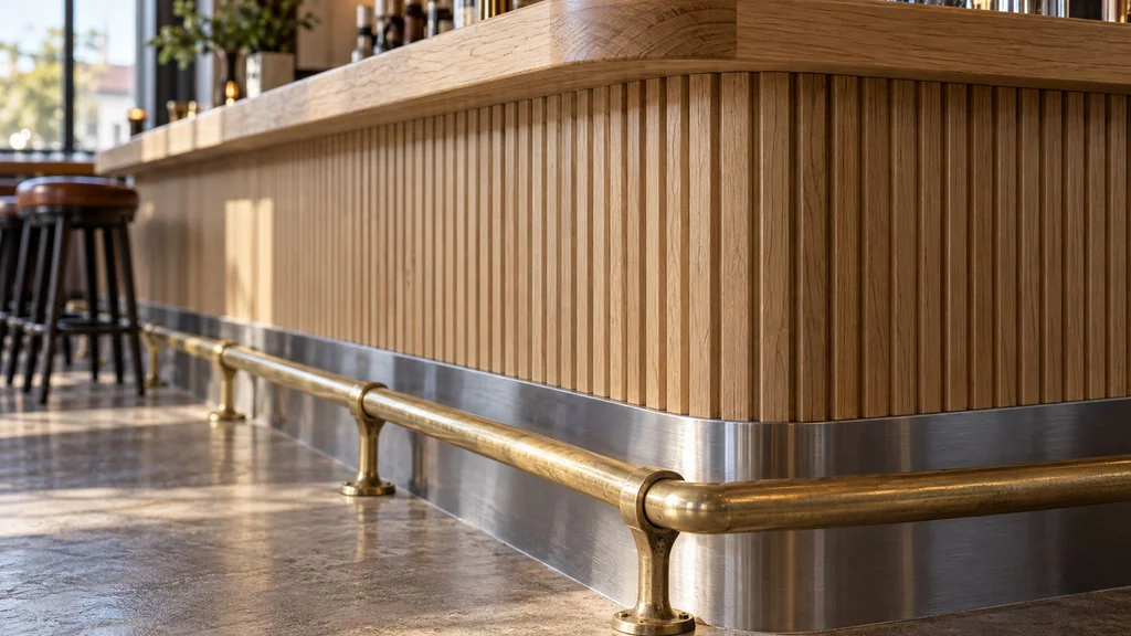 Corner of a restaurant bar die in fluted white oak with a stainless kick, brass foot rail, and a radiused solid oak top edge