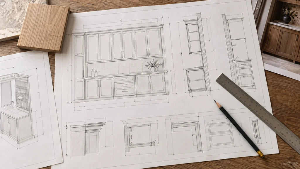 Architectural millwork shop drawings with cabinet elevations and sections on a wooden table with a ruler and white oak sample