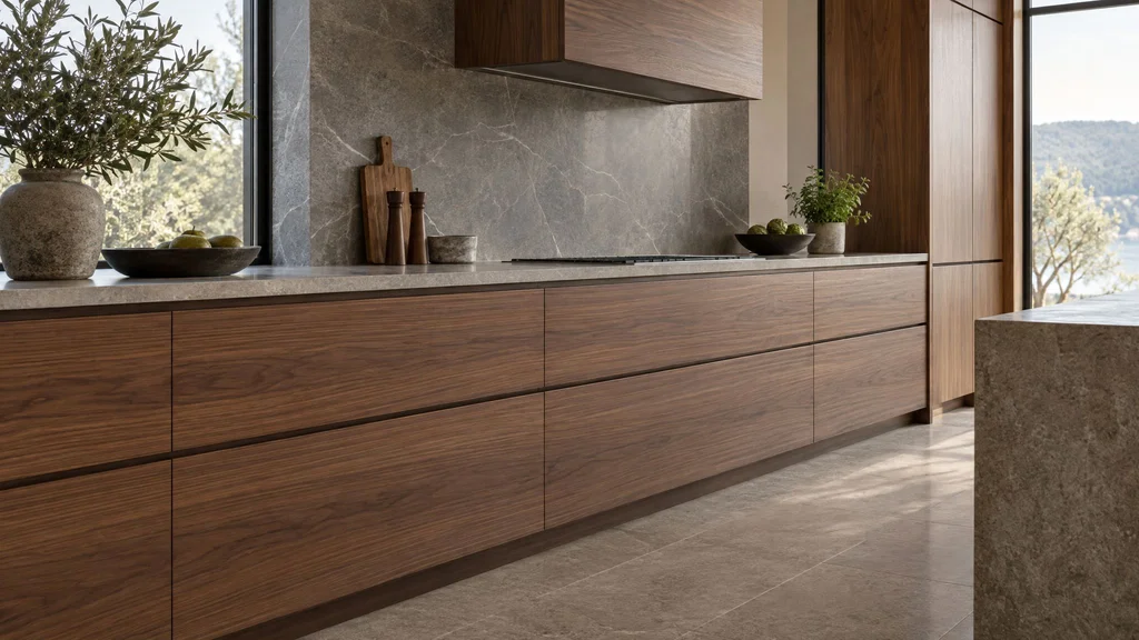 Walnut kitchen cabinets with horizontal grain running continuously across a long run of slab drawers