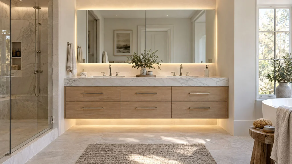 Floating double vanity in rift-sawn white oak with honed marble top and polished nickel pulls in a New Jersey master bathroom