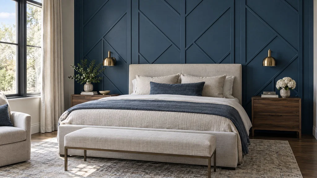 A bedroom accent wall with geometric raised millwork panels painted deep blue