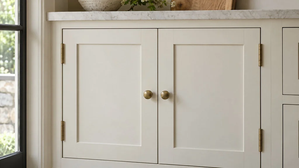 Close view of cream painted inset cabinet doors set flush in a face frame with exposed brass butt hinges