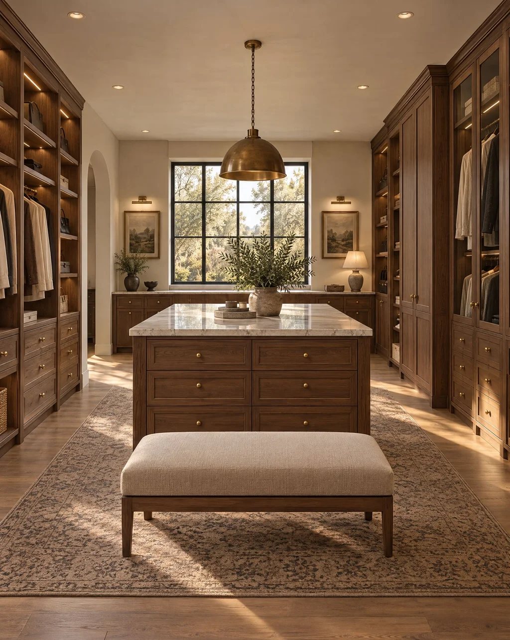 Walk-in dressing room with walnut wardrobes, a center island and an upholstered bench