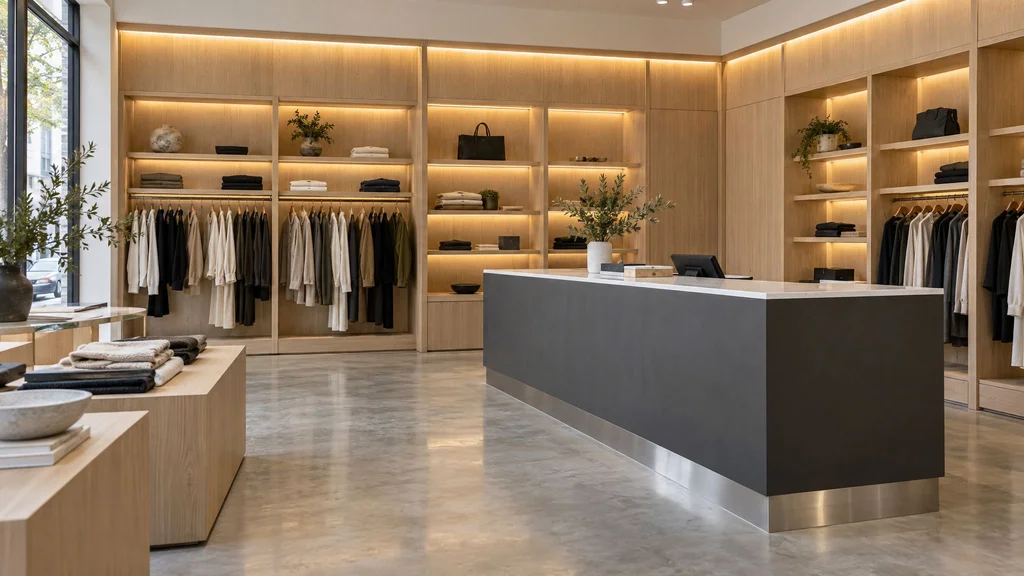 Boutique interior with rift white oak wall shelving on recessed standards, lit valance and a grey laminate cash wrap