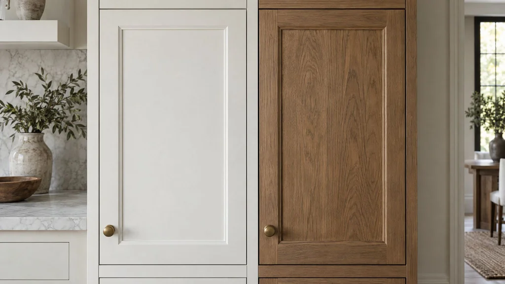 Two cabinet doors side by side: one painted soft white, one stained medium brown oak