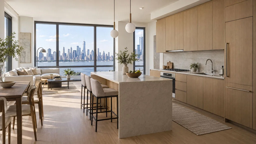 Modern Hoboken condo kitchen with custom flat-panel oak cabinetry, compact island and Manhattan skyline view