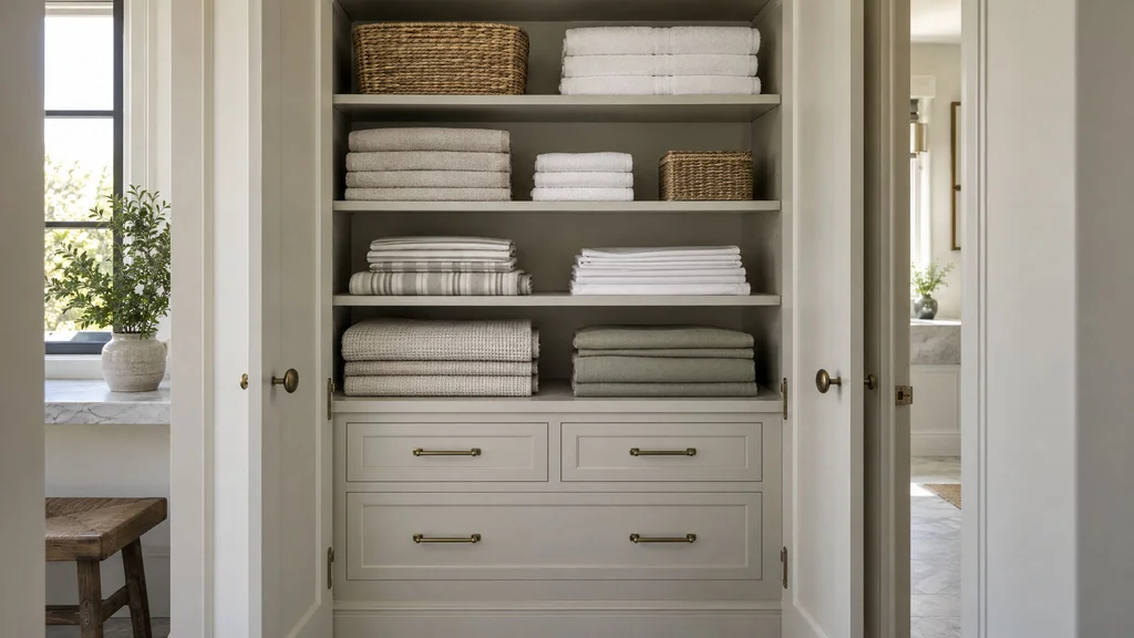 A linen closet with neatly stacked towels and sheets on painted shelves with drawers below