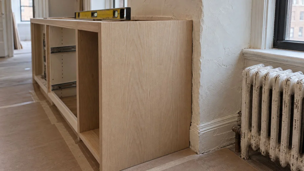 Rift white oak end panel scribed to an uneven plaster wall during a pre-war Manhattan kitchen installation
