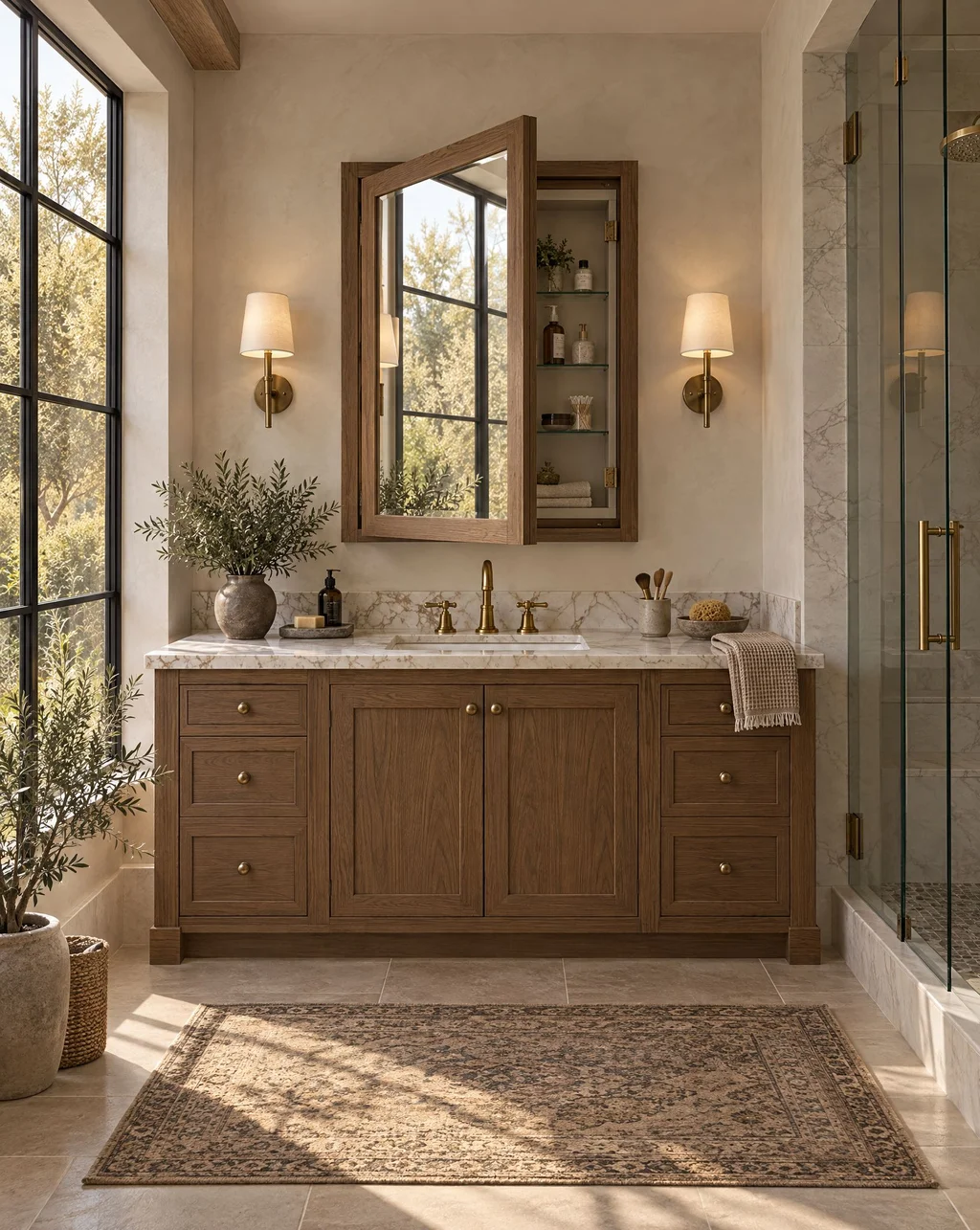 Oak-framed mirror swung open to reveal a recessed medicine cabinet above a vanity