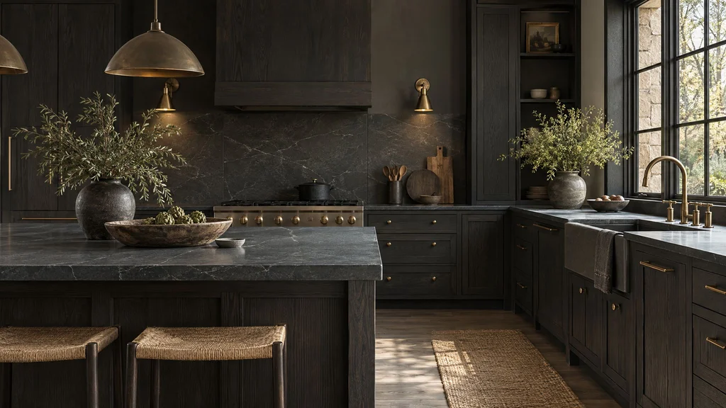 A moody kitchen with charcoal-black stained oak cabinets, a soapstone counter and warm brass wall sconces