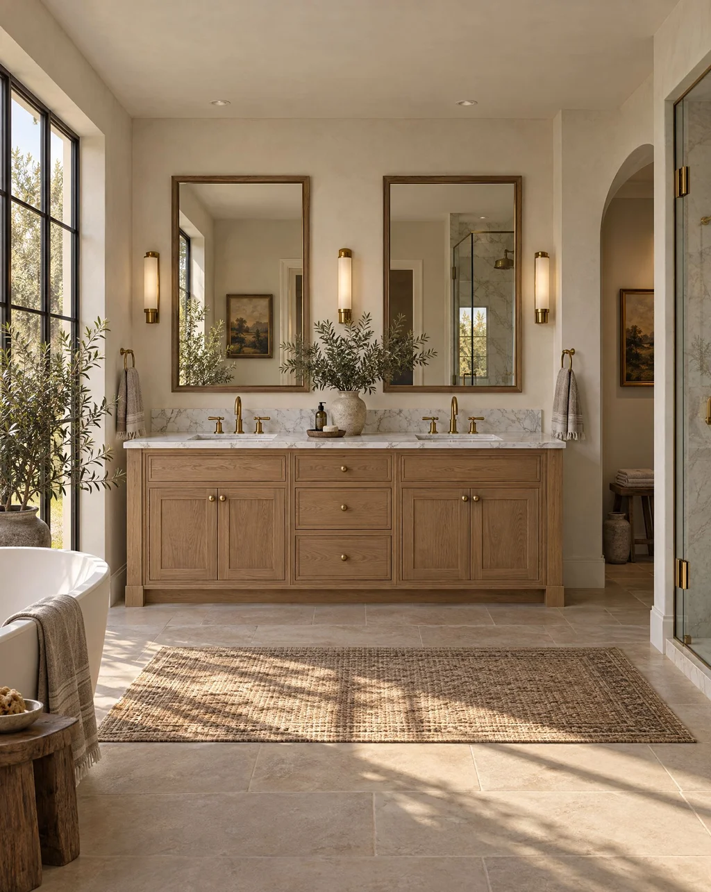 White oak double vanity with a marble top and two framed mirrors