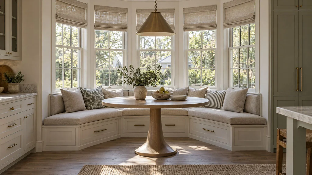 A built-in kitchen banquette under a bay window with an upholstered cushion, storage drawers below and a round table
