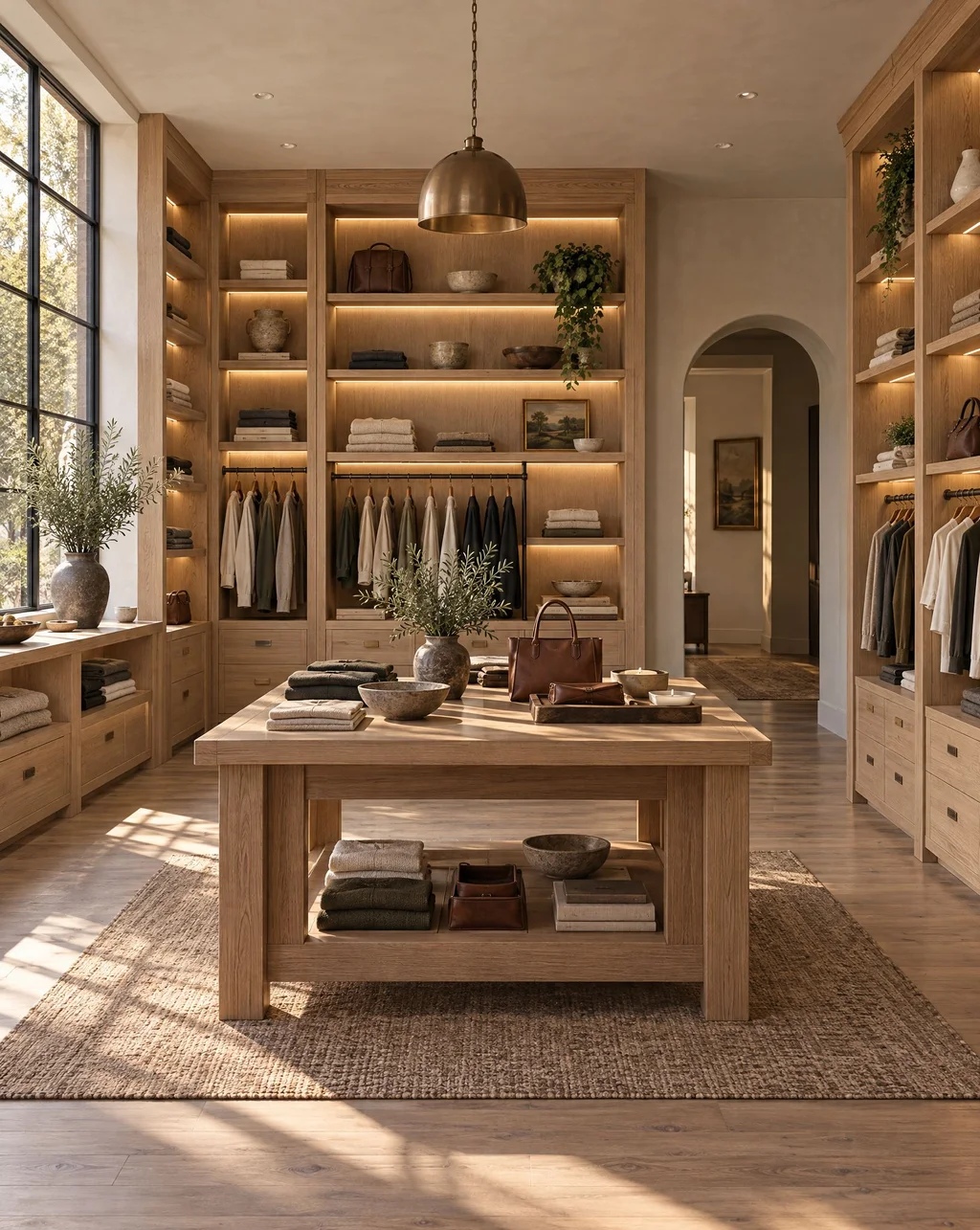 White oak retail shelving and a display table with integrated lighting