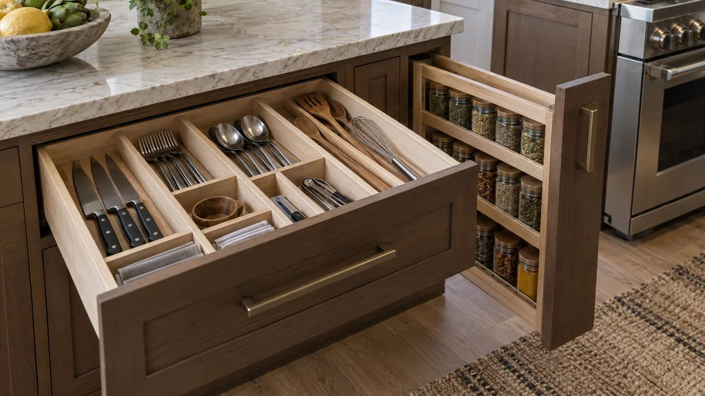 An open kitchen drawer with custom wood dividers organizing utensils, beside a pull-out spice rack