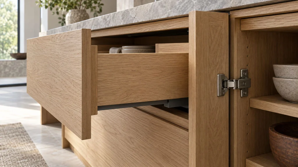 Close-up of an open oak drawer showing a concealed soft-close undermount slide and a concealed hinge on a cabinet door
