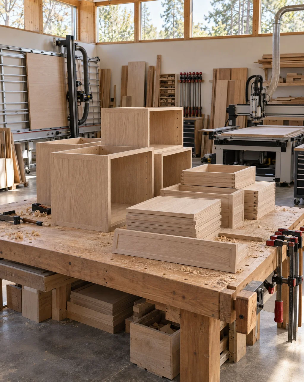 White oak cabinet boxes and drawer fronts on a workbench in a millwork shop