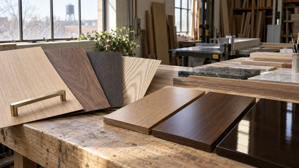 Rift white oak, walnut and fumed oak veneer samples with finish test boards and an unlacquered brass pull on a millwork shop bench
