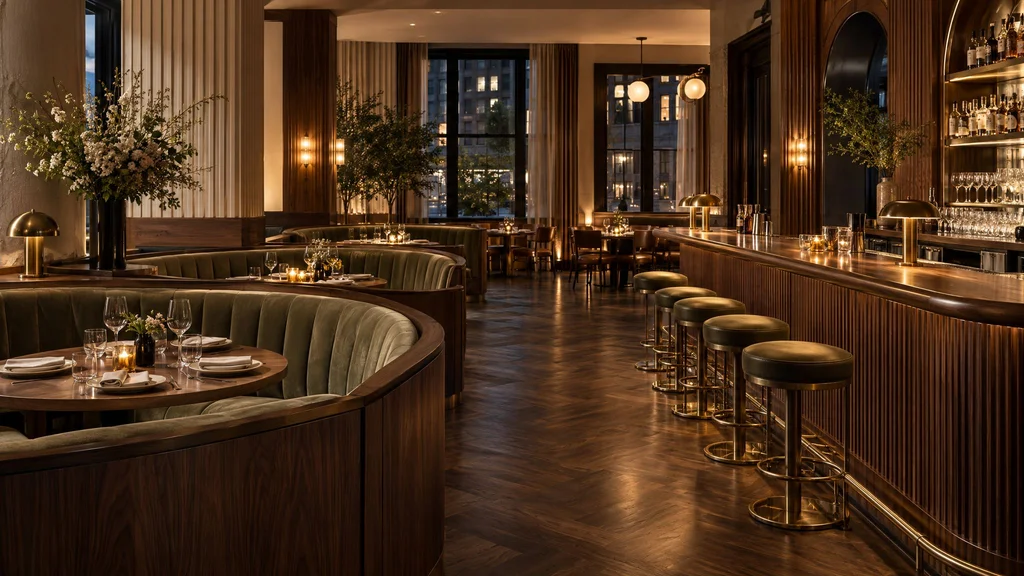 Upscale New York restaurant with curved upholstered banquettes, a long wood bar with brass foot rail, and fluted panels
