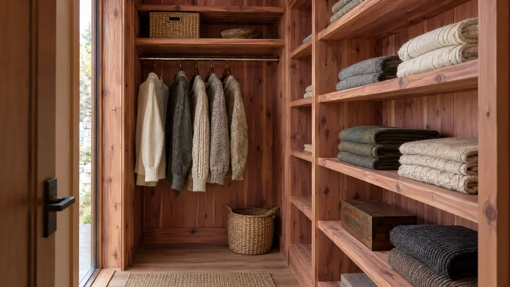 A closet lined with aromatic red cedar planks on the walls and shelves, sweaters folded on the shelves
