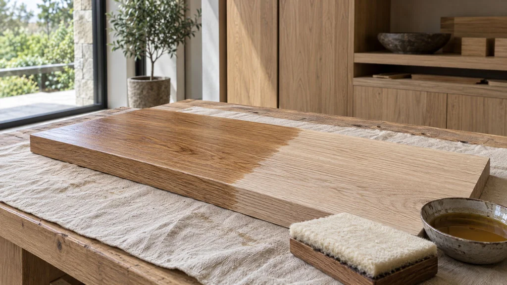 A white oak board half finished with hardwax oil, the oiled half richer in tone, an applicator pad beside it
