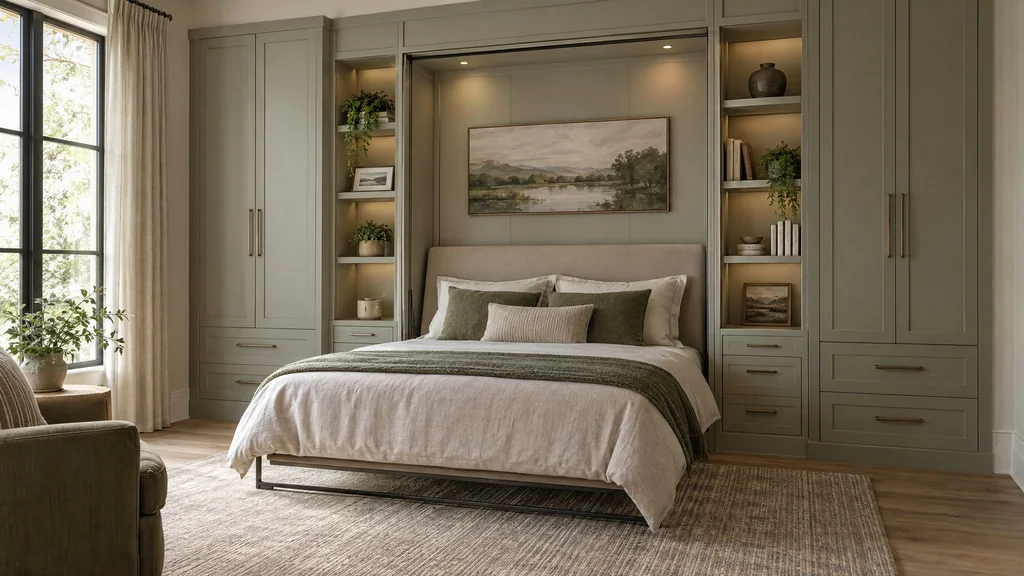 A guest room with a wall bed folded down, flanked by built-in painted wardrobes and shelving