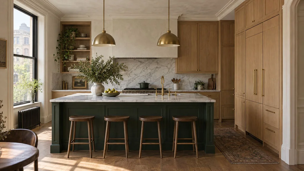 Custom rift white oak kitchen cabinetry with a painted island and unlacquered brass pulls in a pre-war New York apartment
