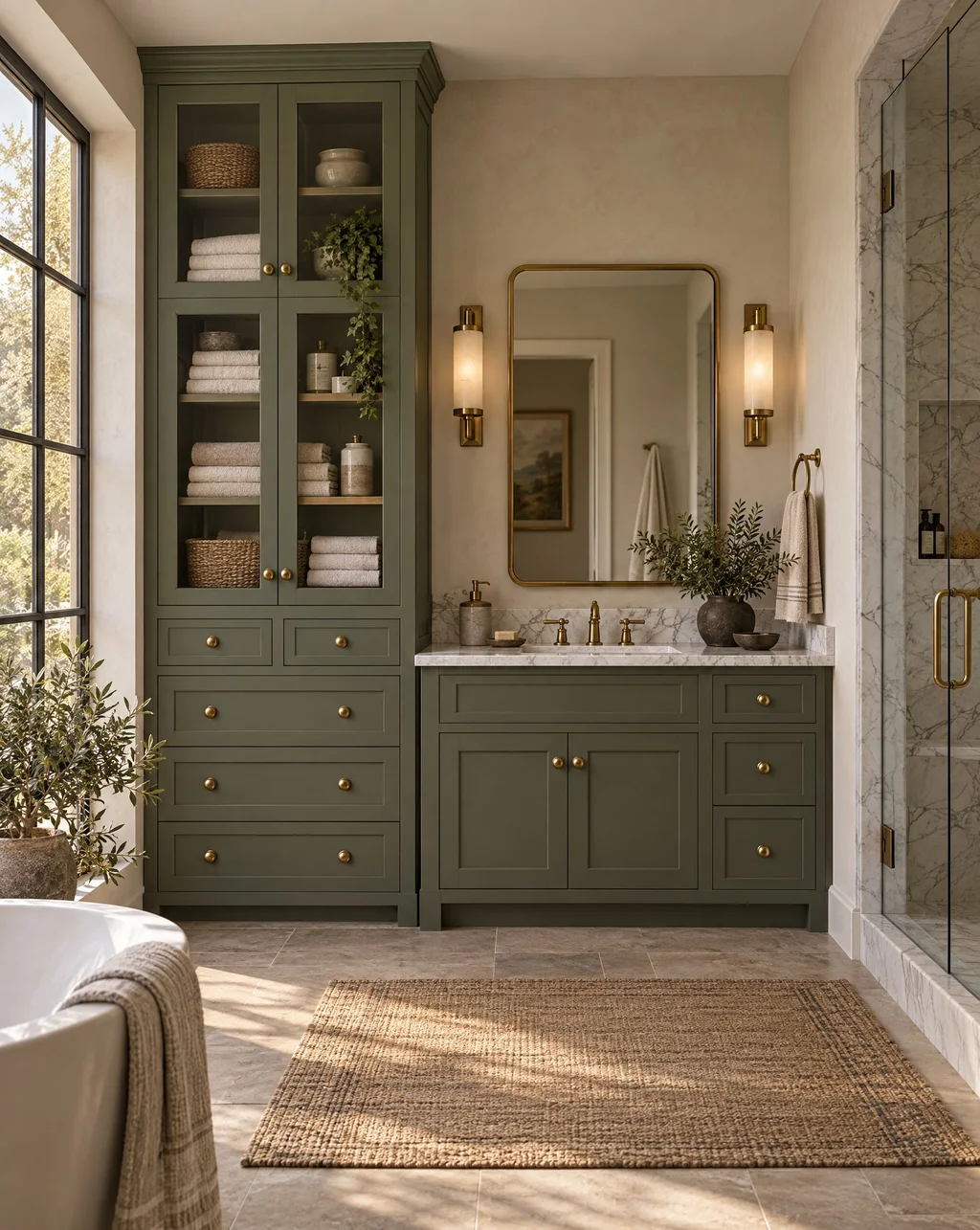 Sage-green linen tower with glass upper doors beside a matching vanity
