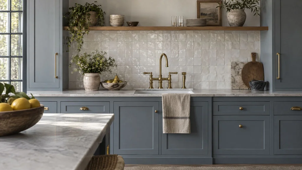 A handmade white zellige tile backsplash above blue-gray painted cabinets with a brass bridge faucet