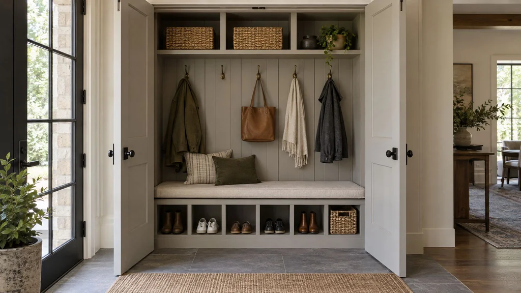 An entryway coat closet with doors open showing hooks, a bench, cubbies and shoe storage