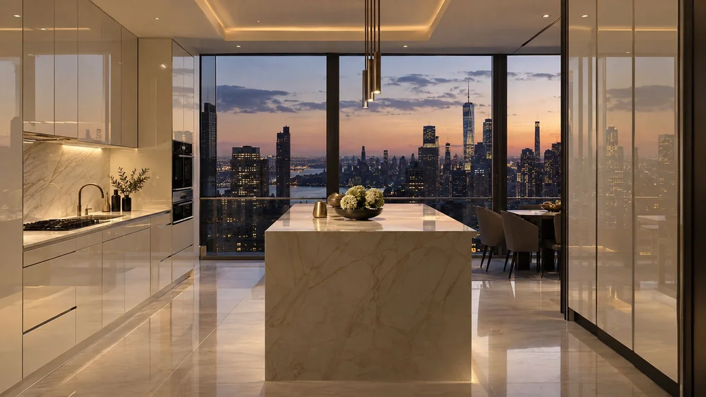 Sleek high-gloss ivory lacquer kitchen with reflective handleless cabinet fronts and a stone island in a New York penthouse
