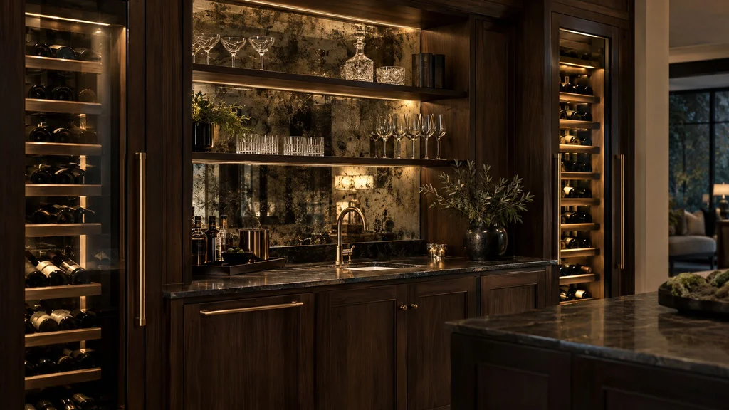 Custom home bar with dark walnut cabinetry, lit glass-front wine storage, a bar sink, and an antique mirror backsplash