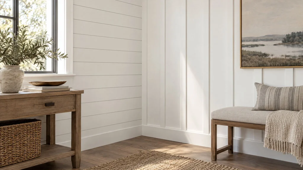 A room corner with horizontal shiplap on one wall and board and batten on the adjacent wall, both painted white