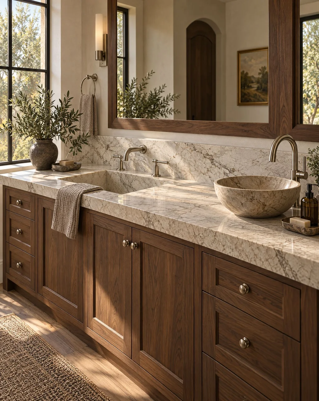 Walnut vanity with a marble top and a carved stone vessel bowl