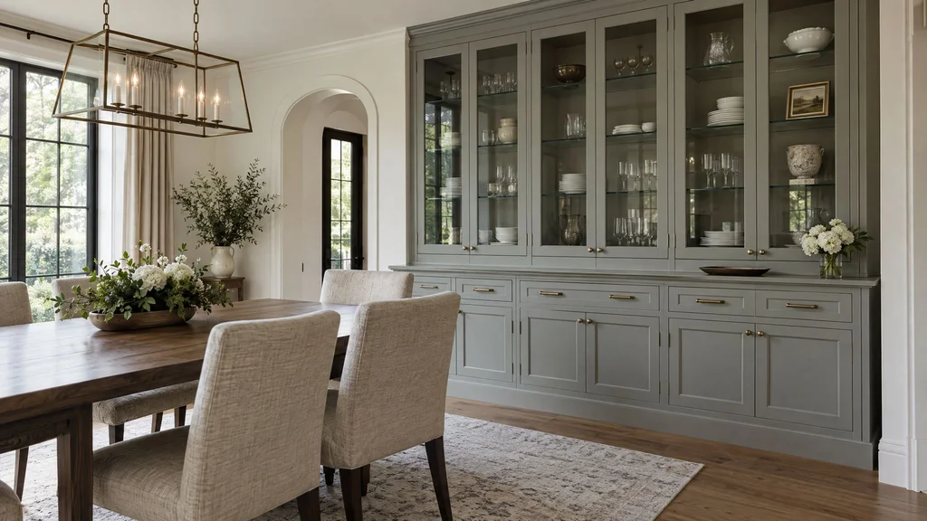 A dining room with a built-in china cabinet: glass upper doors over a buffet base