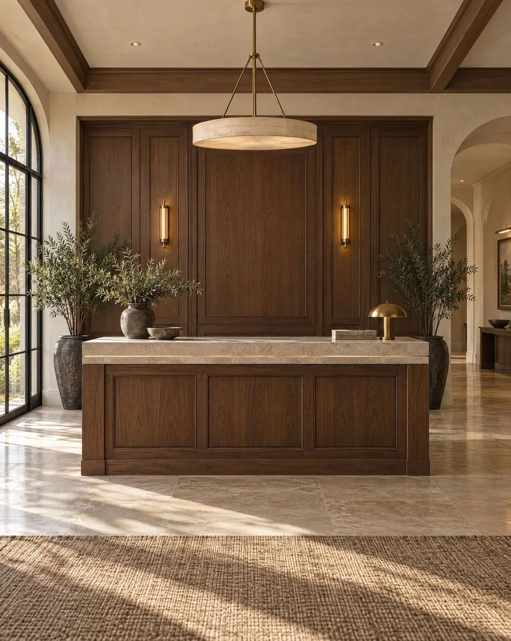 Walnut and stone reception desk in front of a paneled wall