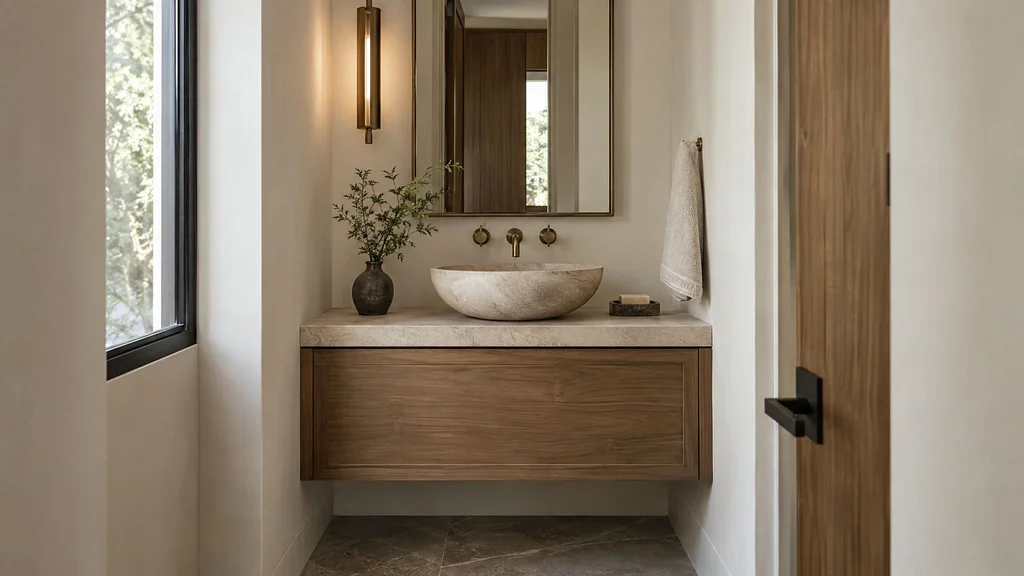 A compact powder room vanity with a slim profile and a vessel sink