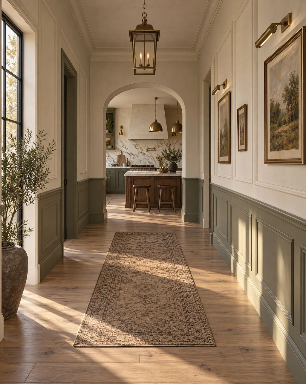 Hallway with painted wainscoting, a chair rail and an arched opening