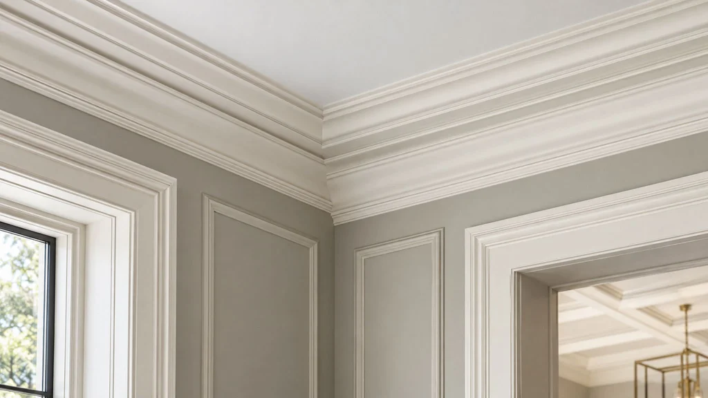 Close-up of a layered painted crown molding where the wall meets the ceiling
