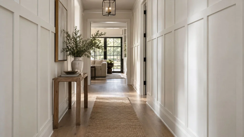A modern hallway with soft white board and batten wall paneling