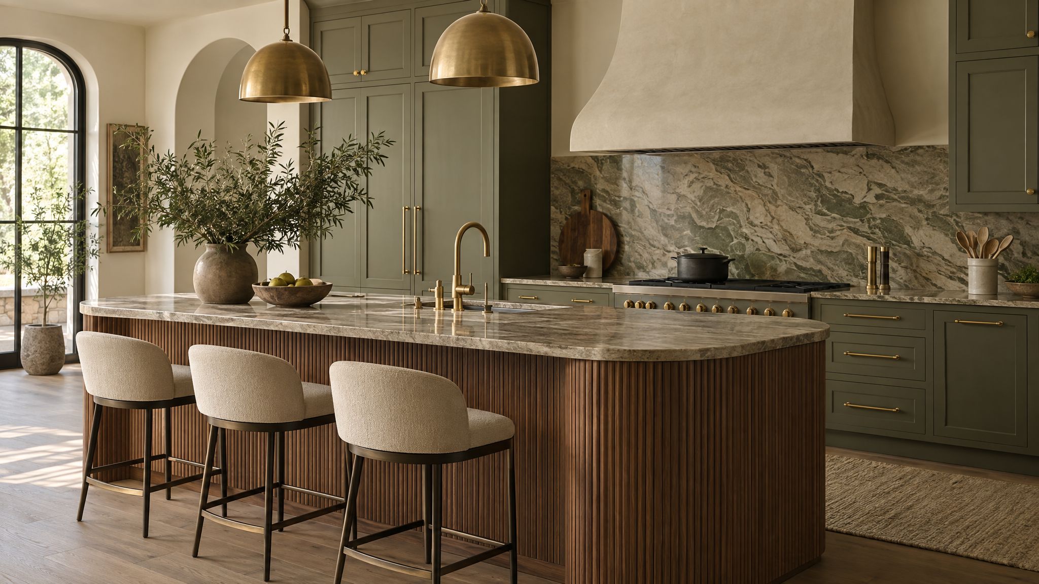 2026 trend kitchen with fluted walnut island, olive painted cabinetry, curved range hood and stone slab backsplash